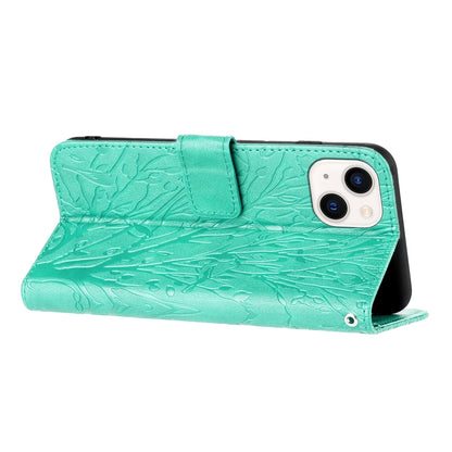 ELECTROPRIME For iPhone 15 Tree Birds Embossed Pattern Leather Phone Case(Green)