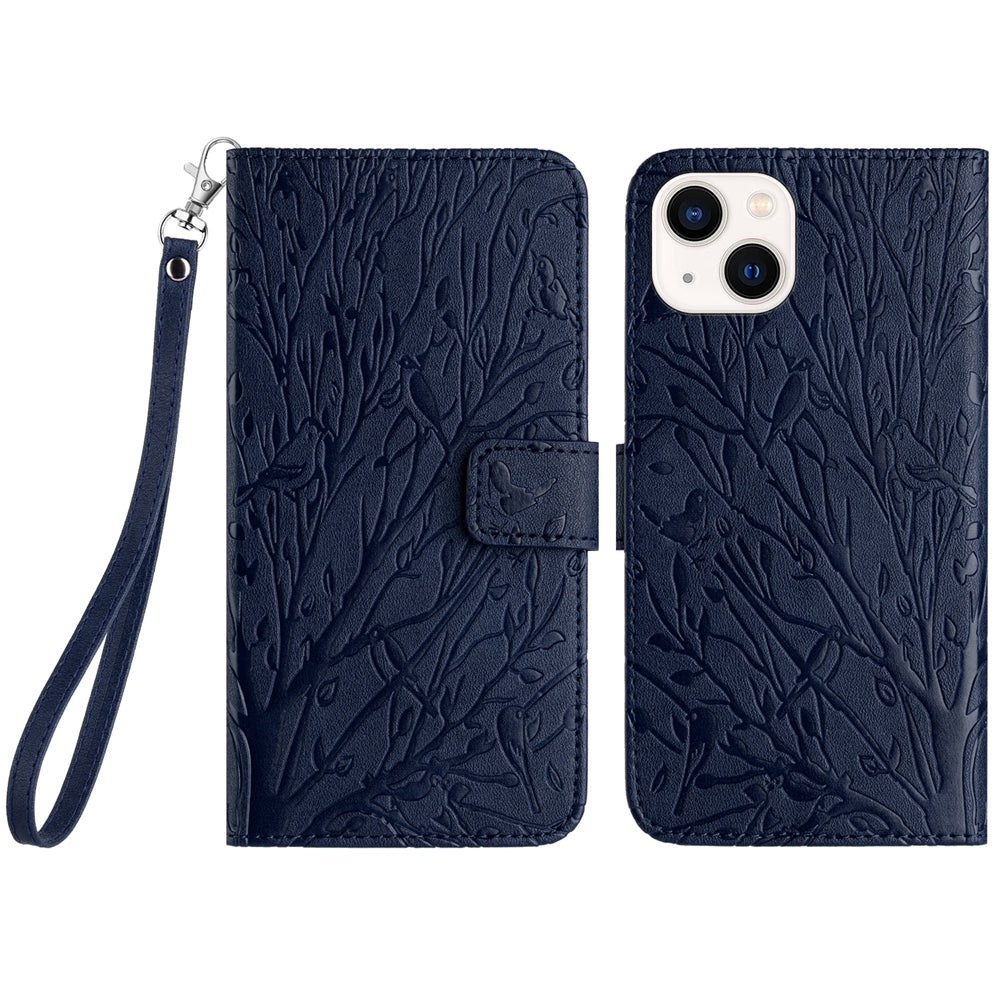 ELECTROPRIME For iPhone 15 Tree Birds Embossed Pattern Leather Phone Case(Blue)