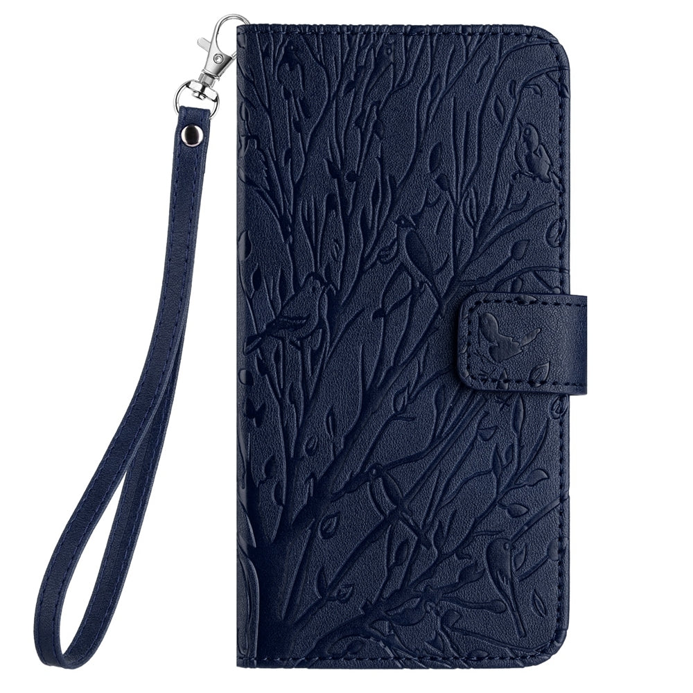ELECTROPRIME For iPhone 15 Tree Birds Embossed Pattern Leather Phone Case(Blue)
