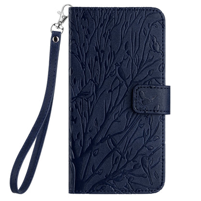 ELECTROPRIME For iPhone 15 Tree Birds Embossed Pattern Leather Phone Case(Blue)
