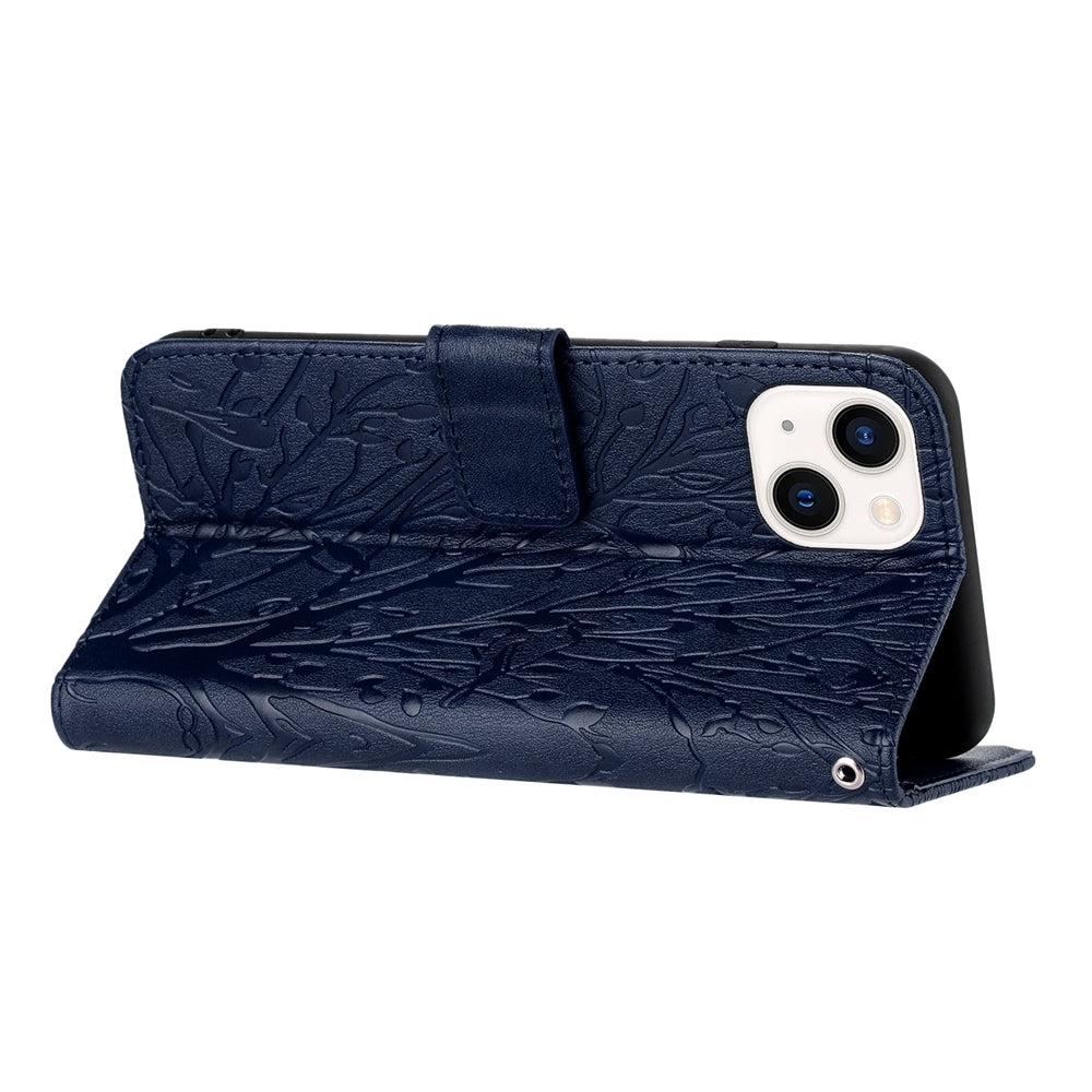 ELECTROPRIME For iPhone 15 Tree Birds Embossed Pattern Leather Phone Case(Blue)