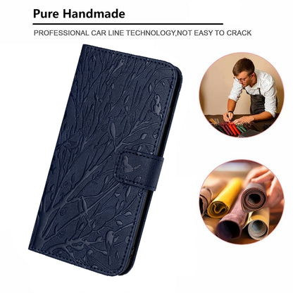 ELECTROPRIME For iPhone 15 Tree Birds Embossed Pattern Leather Phone Case(Blue)