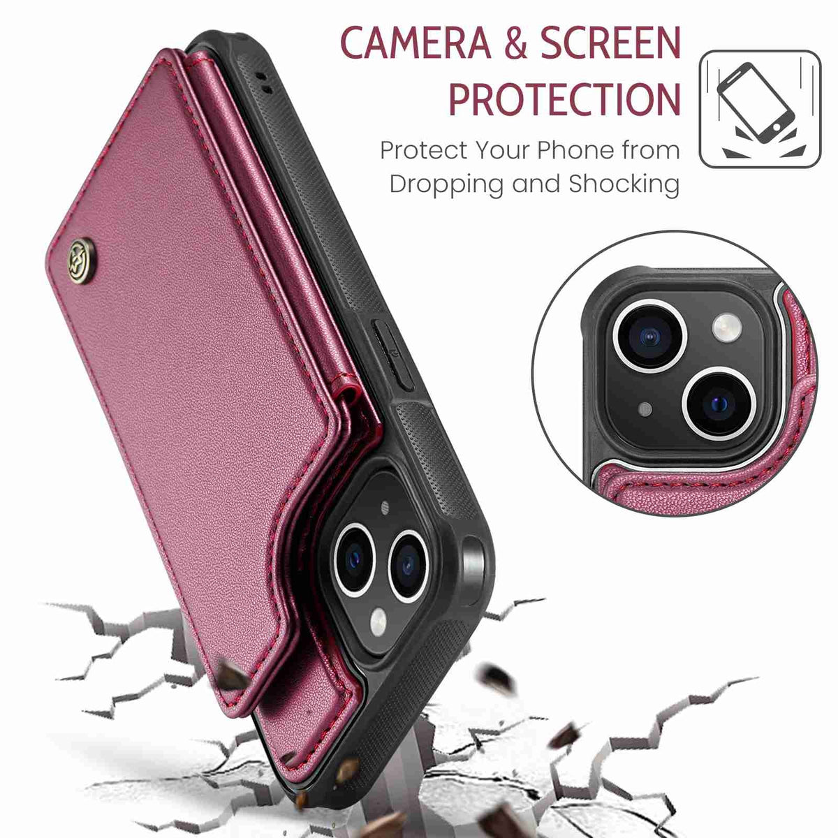 ELECTROPRIME For iPhone 15 Plus CaseMe C22 Card Slots Holder RFID Anti-theft Phone Case(Wine Red)