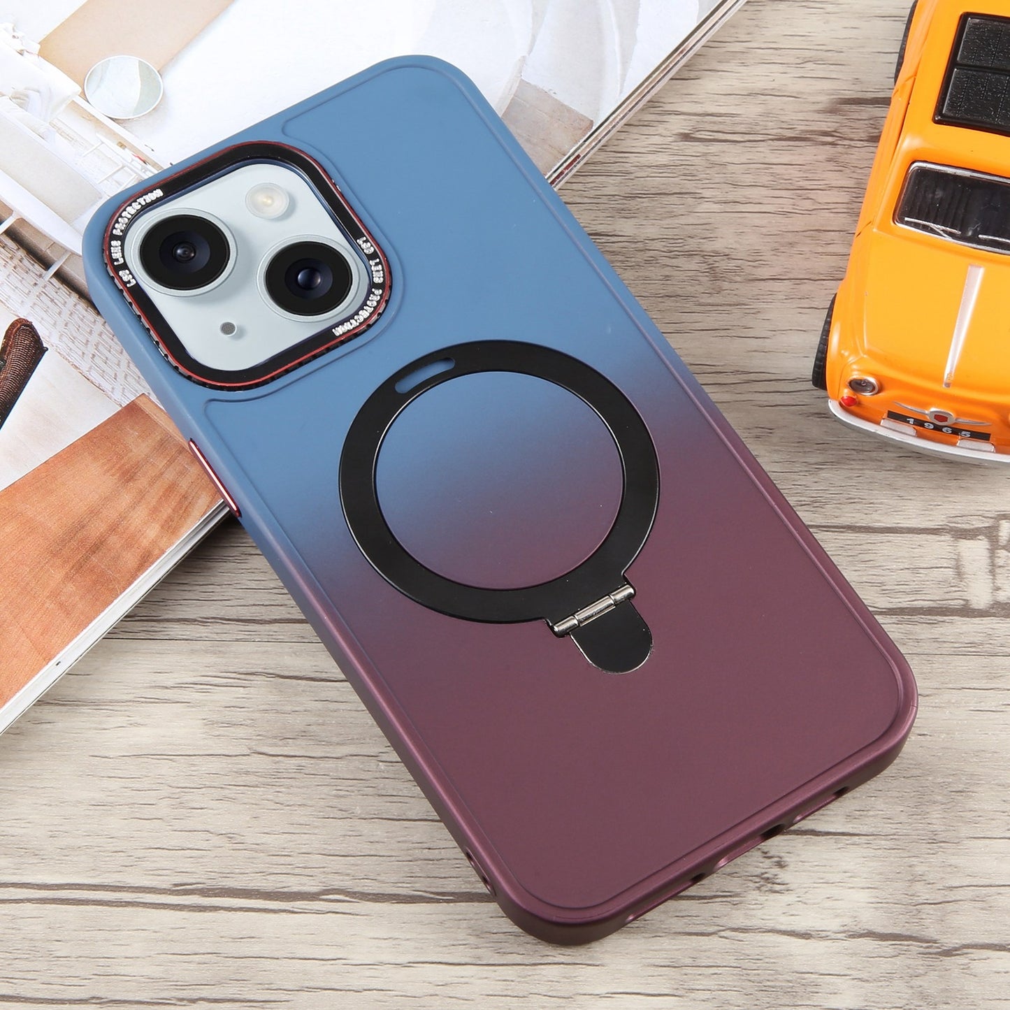 ELECTROPRIME For iPhone 15 Gradient MagSafe Holder Liquid TPU Hybrid PC Phone Case(Blue Wine Red)