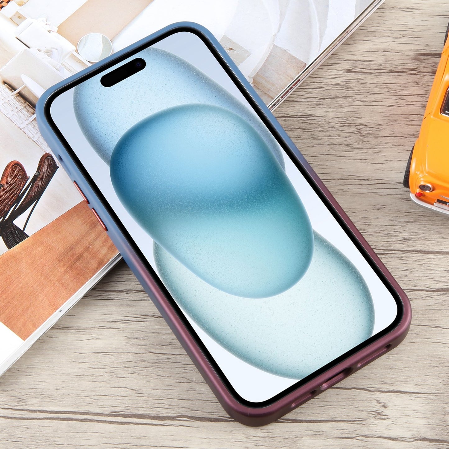 ELECTROPRIME For iPhone 15 Gradient MagSafe Holder Liquid TPU Hybrid PC Phone Case(Blue Wine Red)