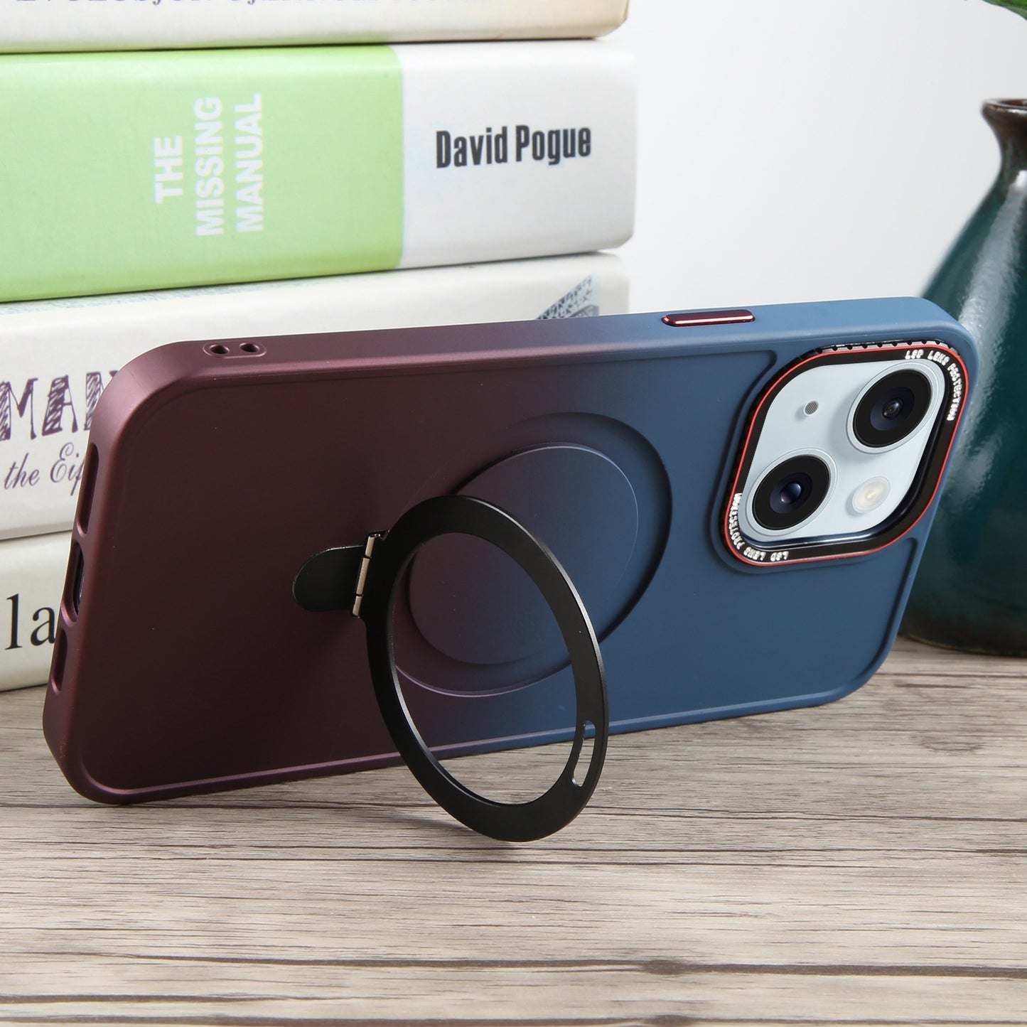 ELECTROPRIME For iPhone 15 Gradient MagSafe Holder Liquid TPU Hybrid PC Phone Case(Blue Wine Red)