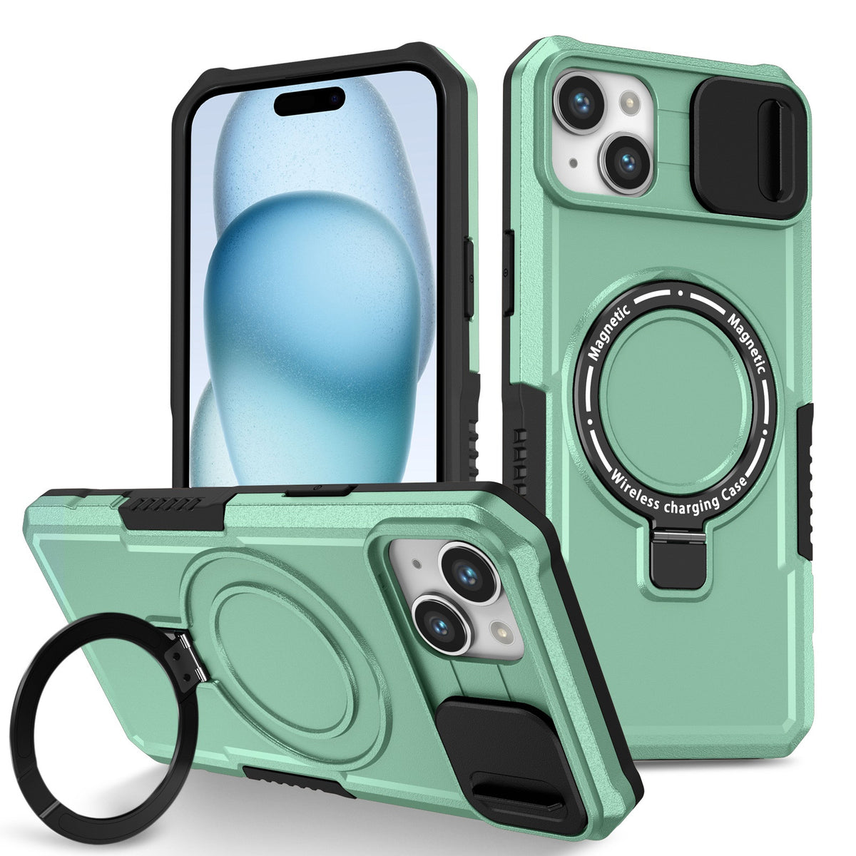 ELECTROPRIME For iPhone 15 Plus Sliding Camshield Magsafe Holder TPU Hybrid PC Phone Case(Light Blue)