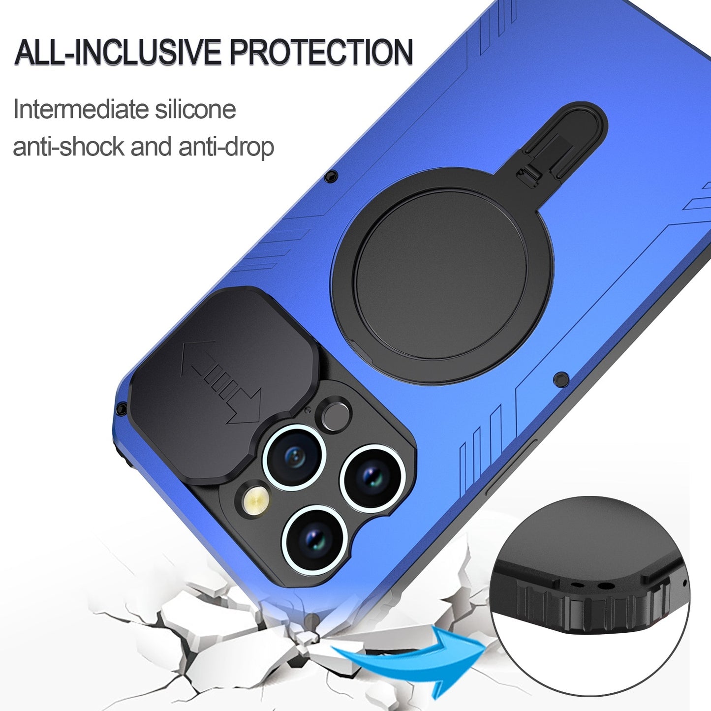 ELECTROPRIME For iPhone 15 Camera Shield MagSafe Holder Life Waterproof Phone Case(Blue)