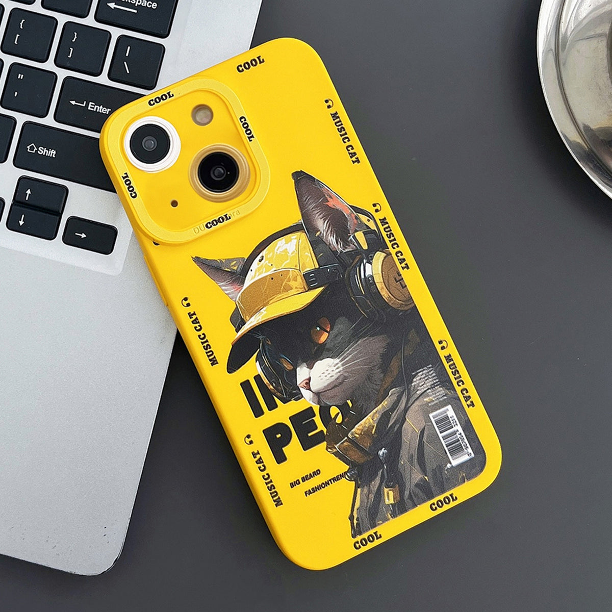 ELECTROPRIME For iPhone 15 Plus Liquid Angel Eyes Little Black Cat TPU Phone Case(Yellow)