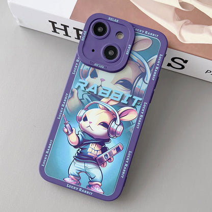 ELECTROPRIME For iPhone 15 Liquid Angel Eyes Hip Hop Rabbit TPU Phone Case(Purple Earphones)