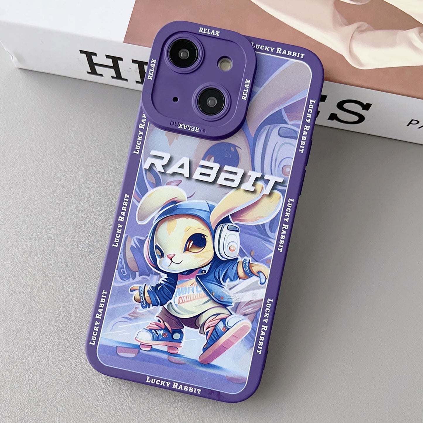 ELECTROPRIME For iPhone 15 Liquid Angel Eyes Hip Hop Rabbit TPU Phone Case(Purple Petal)