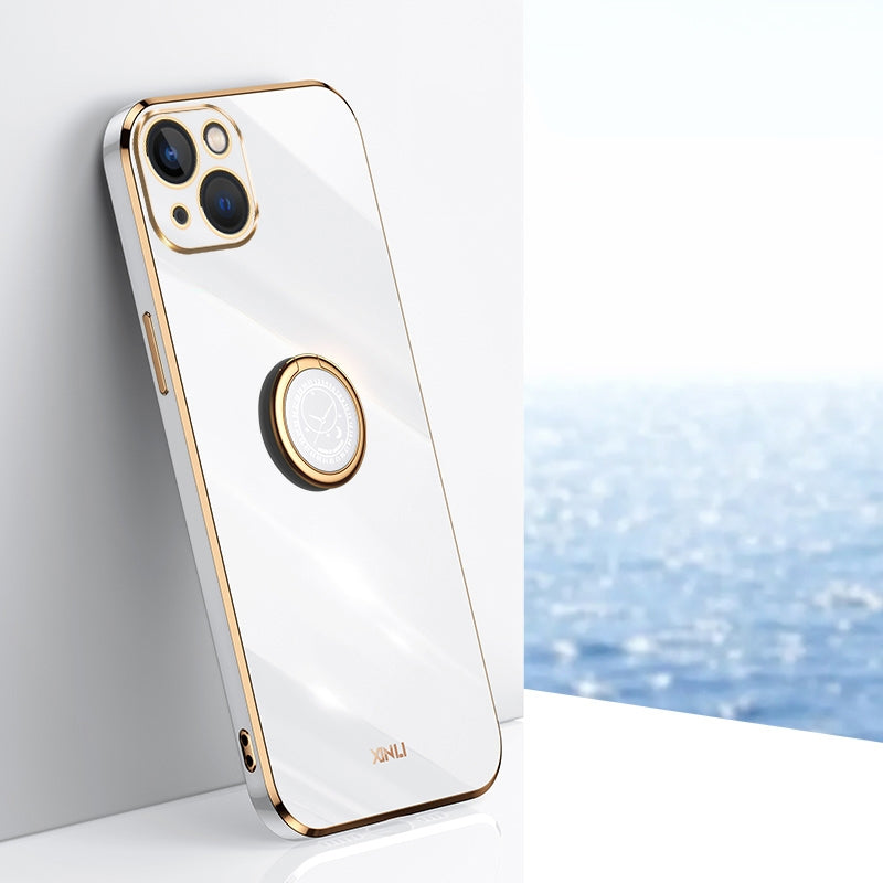 ELECTROPRIME For iPhone 15 Plus XINLI Straight Edge 6D Electroplate TPU Phone Case with Ring Holder(White)
