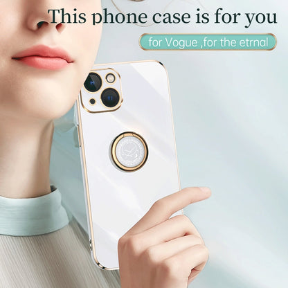 ELECTROPRIME For iPhone 15 Plus XINLI Straight Edge 6D Electroplate TPU Phone Case with Ring Holder(White)