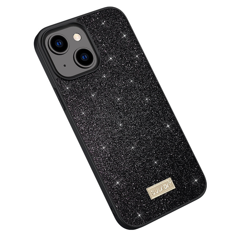ELECTROPRIME For iPhone 15 SULADA Glittery PC Hybrid TPU Handmade Leather Phone Case(Black)