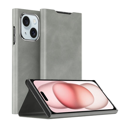 ELECTROPRIME For iPhone 15 Magnetic Napa Texture Leather Phone Case with Holder(Grey)