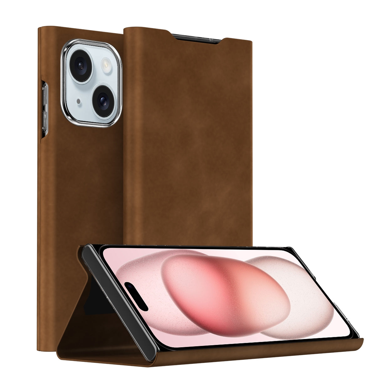 ELECTROPRIME For iPhone 15 Magnetic Napa Texture Leather Phone Case with Holder(Brown)