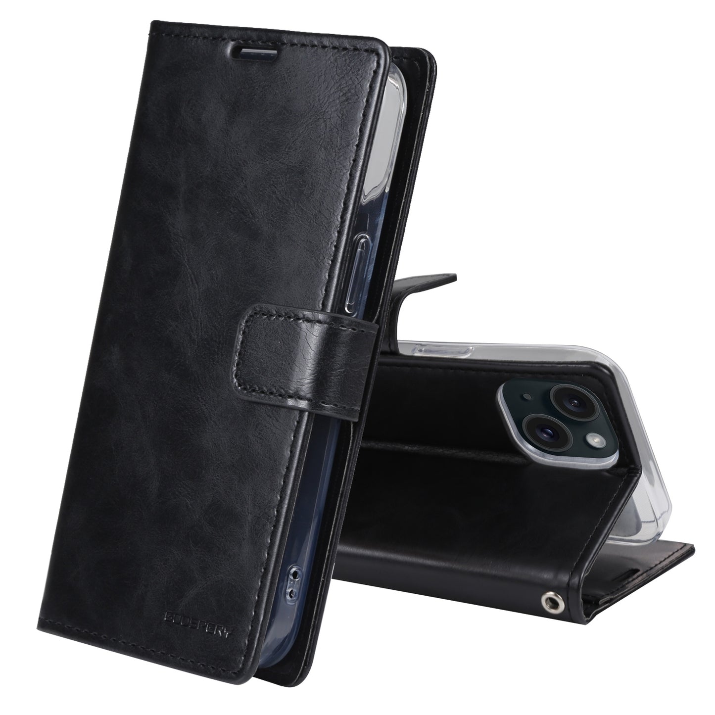 ELECTROPRIME For iPhone 15 GOOSPERY BLUE MOON Crazy Horse Texture Leather Phone Case(Black)