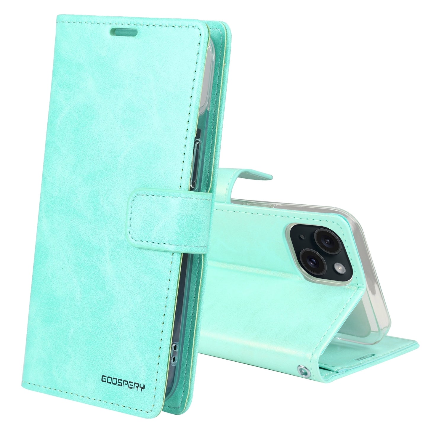 ELECTROPRIME For iPhone 15 GOOSPERY BLUE MOON Crazy Horse Texture Leather Phone Case(Mint Green)
