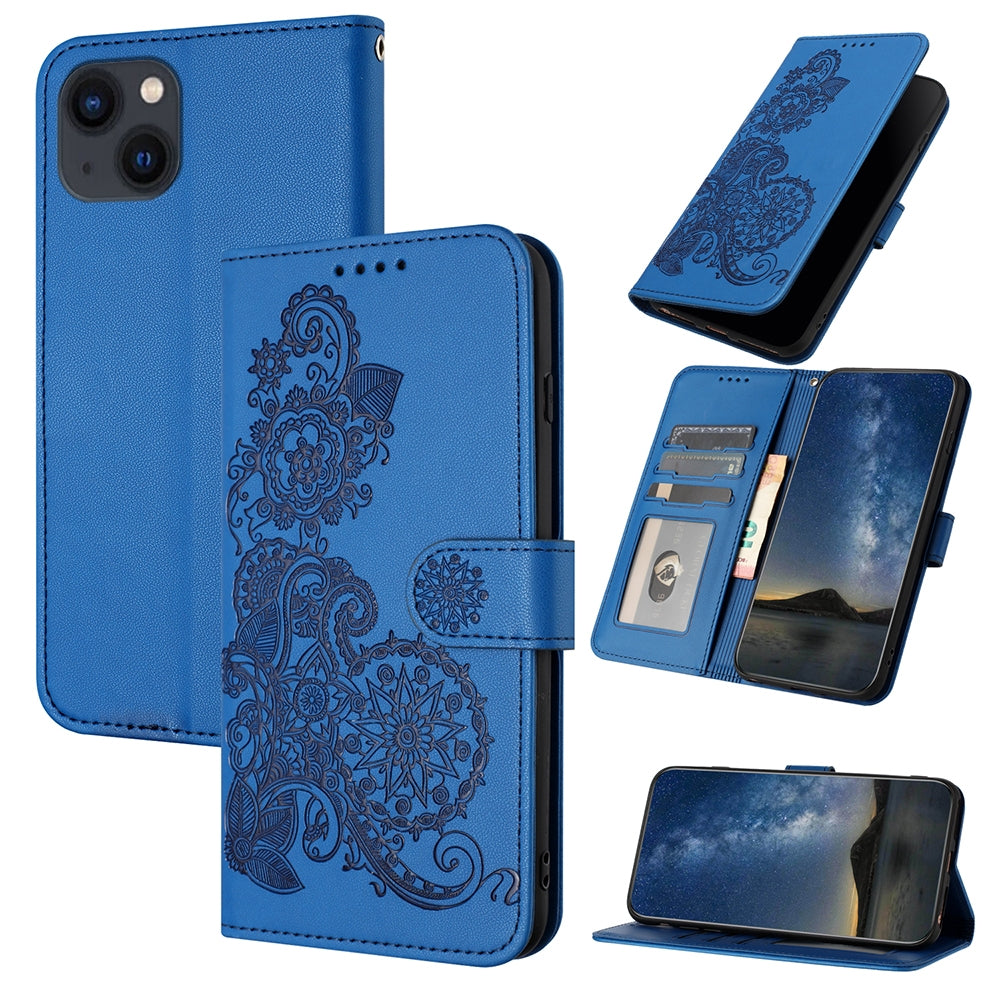 ELECTROPRIME For iPhone 15 Datura Flower Embossed Flip Leather Phone Case(Blue)