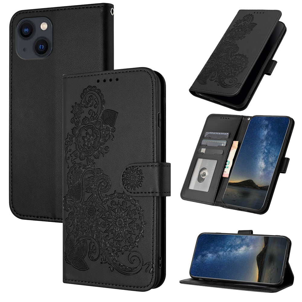 ELECTROPRIME For iPhone 15 Datura Flower Embossed Flip Leather Phone Case(Black)