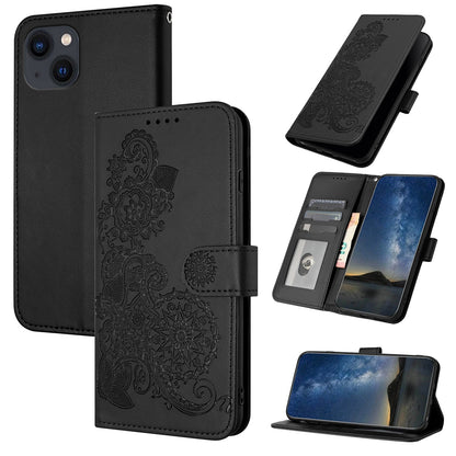 ELECTROPRIME For iPhone 15 Datura Flower Embossed Flip Leather Phone Case(Black)