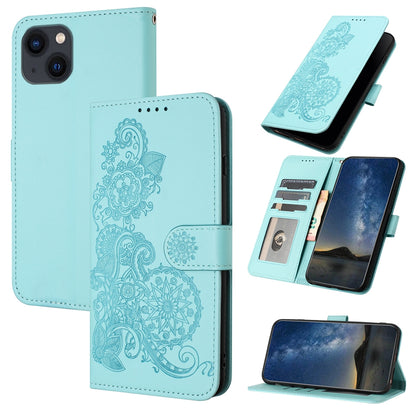 ELECTROPRIME For iPhone 15 Datura Flower Embossed Flip Leather Phone Case(Light blue)