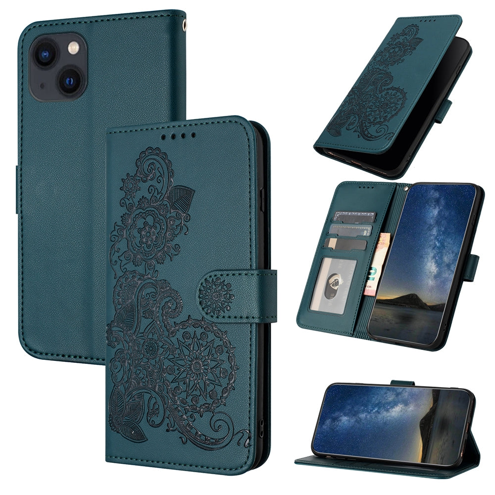 ELECTROPRIME For iPhone 15 Datura Flower Embossed Flip Leather Phone Case(Dark Green)
