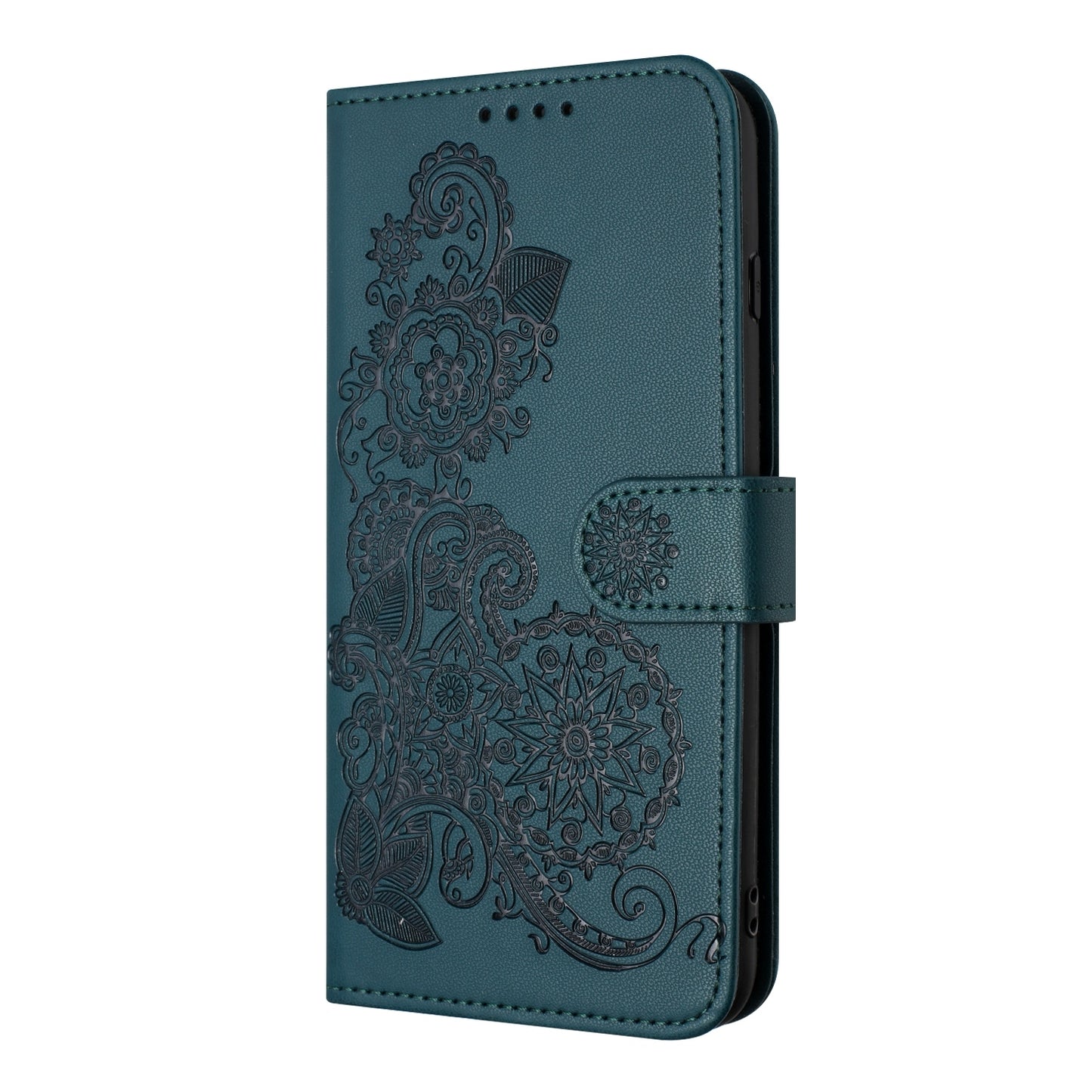 ELECTROPRIME For iPhone 15 Datura Flower Embossed Flip Leather Phone Case(Dark Green)