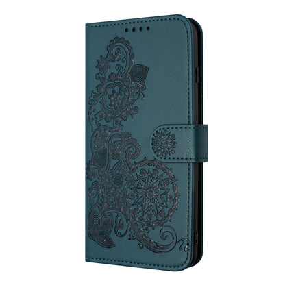 ELECTROPRIME For iPhone 15 Datura Flower Embossed Flip Leather Phone Case(Dark Green)