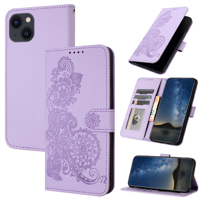 ELECTROPRIME For iPhone 15 Datura Flower Embossed Flip Leather Phone Case(Purple)