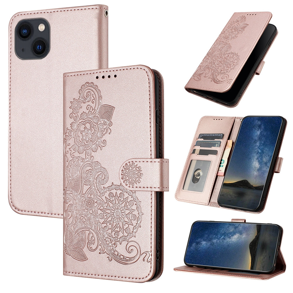 ELECTROPRIME For iPhone 15 Datura Flower Embossed Flip Leather Phone Case(Rose Gold)