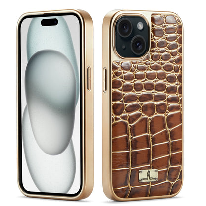 ELECTROPRIME For iPhone 15 Plus Fierre Shann Crocodile Texture Electroplating PU Phone Case(Brown)
