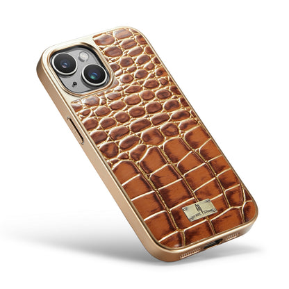 ELECTROPRIME For iPhone 15 Plus Fierre Shann Crocodile Texture Electroplating PU Phone Case(Brown)