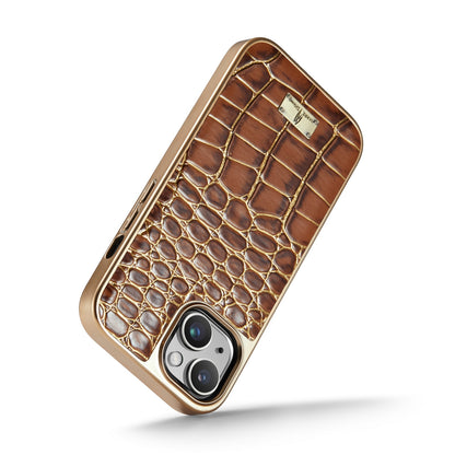 ELECTROPRIME For iPhone 15 Plus Fierre Shann Crocodile Texture Electroplating PU Phone Case(Brown)