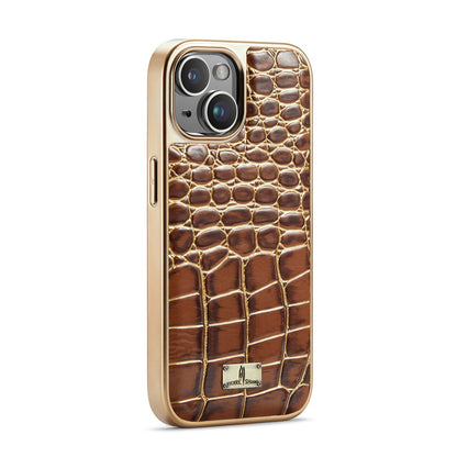 ELECTROPRIME For iPhone 15 Fierre Shann Crocodile Texture Electroplating PU Phone Case(Brown)