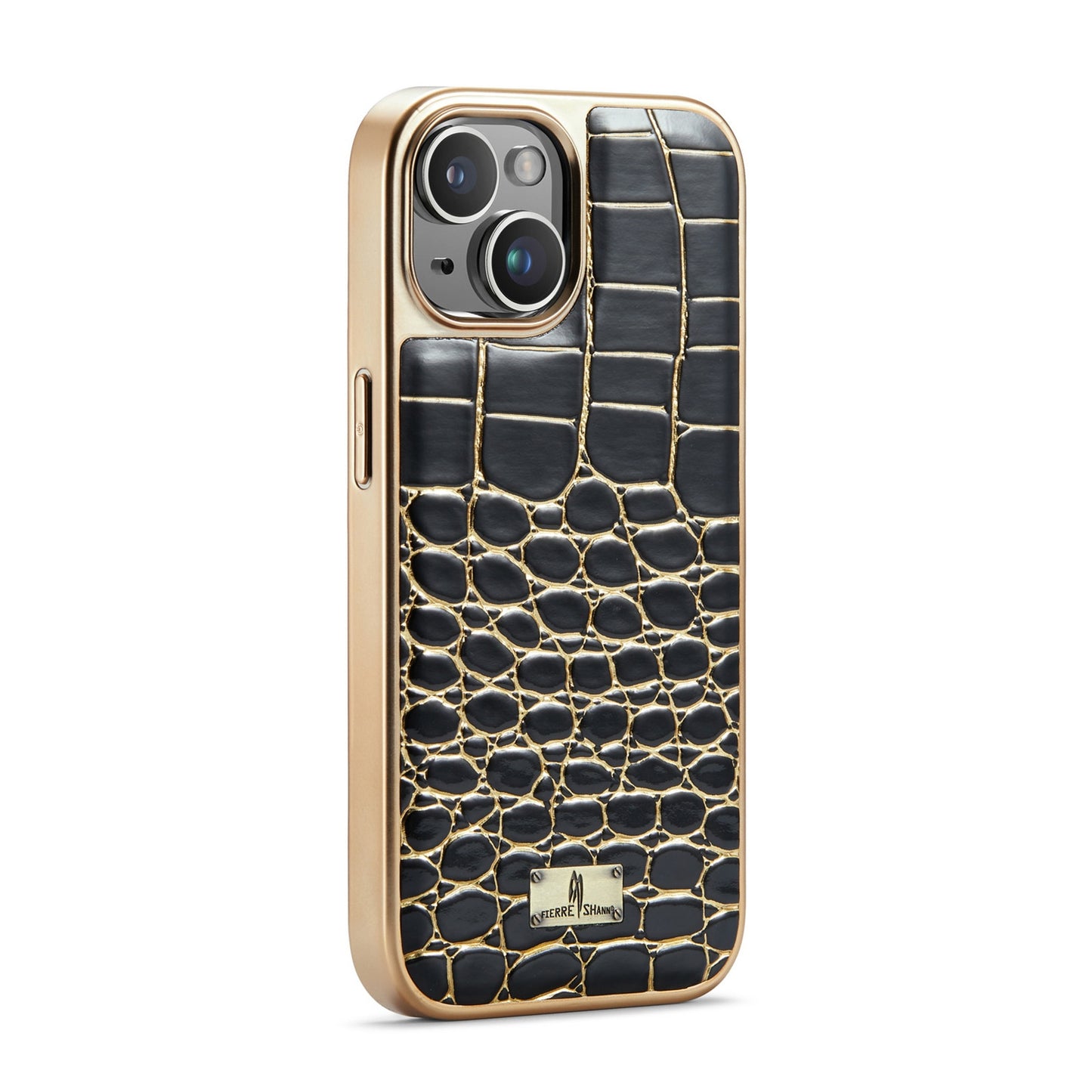 ELECTROPRIME For iPhone 15 Fierre Shann Crocodile Texture Electroplating PU Phone Case(Black)