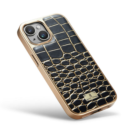 ELECTROPRIME For iPhone 15 Fierre Shann Crocodile Texture Electroplating PU Phone Case(Black)