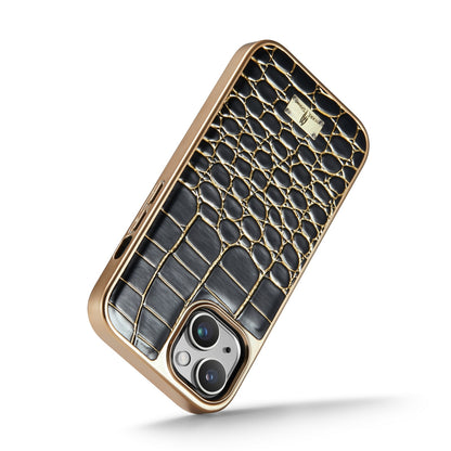 ELECTROPRIME For iPhone 15 Fierre Shann Crocodile Texture Electroplating PU Phone Case(Black)