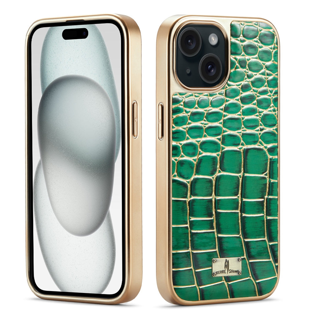 ELECTROPRIME For iPhone 15 Fierre Shann Crocodile Texture Electroplating PU Phone Case(Green)