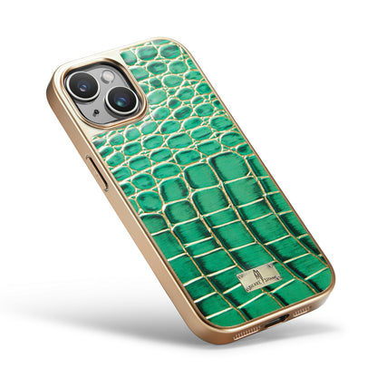 ELECTROPRIME For iPhone 15 Fierre Shann Crocodile Texture Electroplating PU Phone Case(Green)