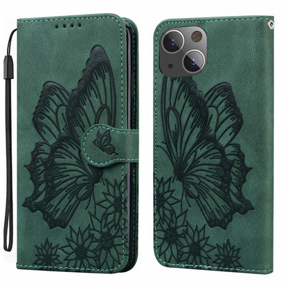 ELECTROPRIME For iPhone 15 Retro Skin Feel Butterflies Embossing Leather Phone Case(Green)