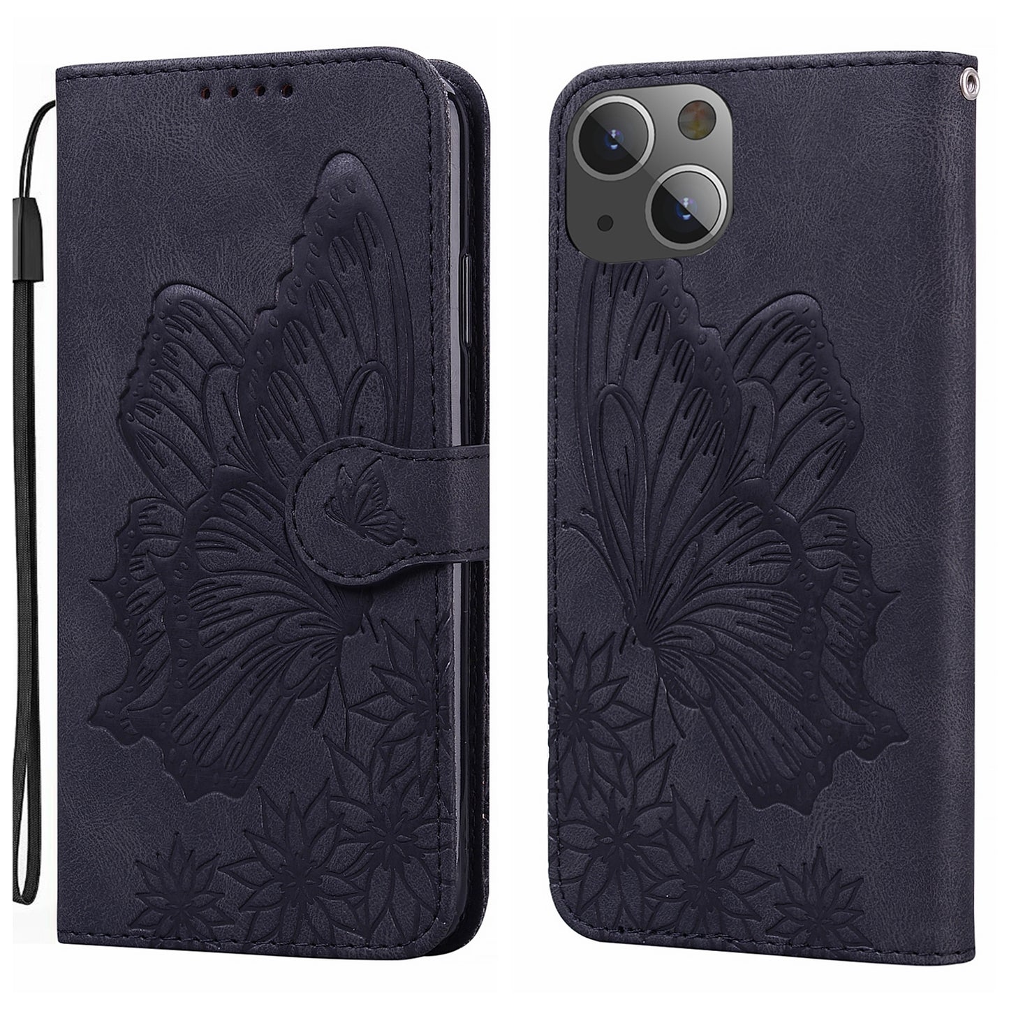 ELECTROPRIME For iPhone 15 Retro Skin Feel Butterflies Embossing Leather Phone Case(Black)