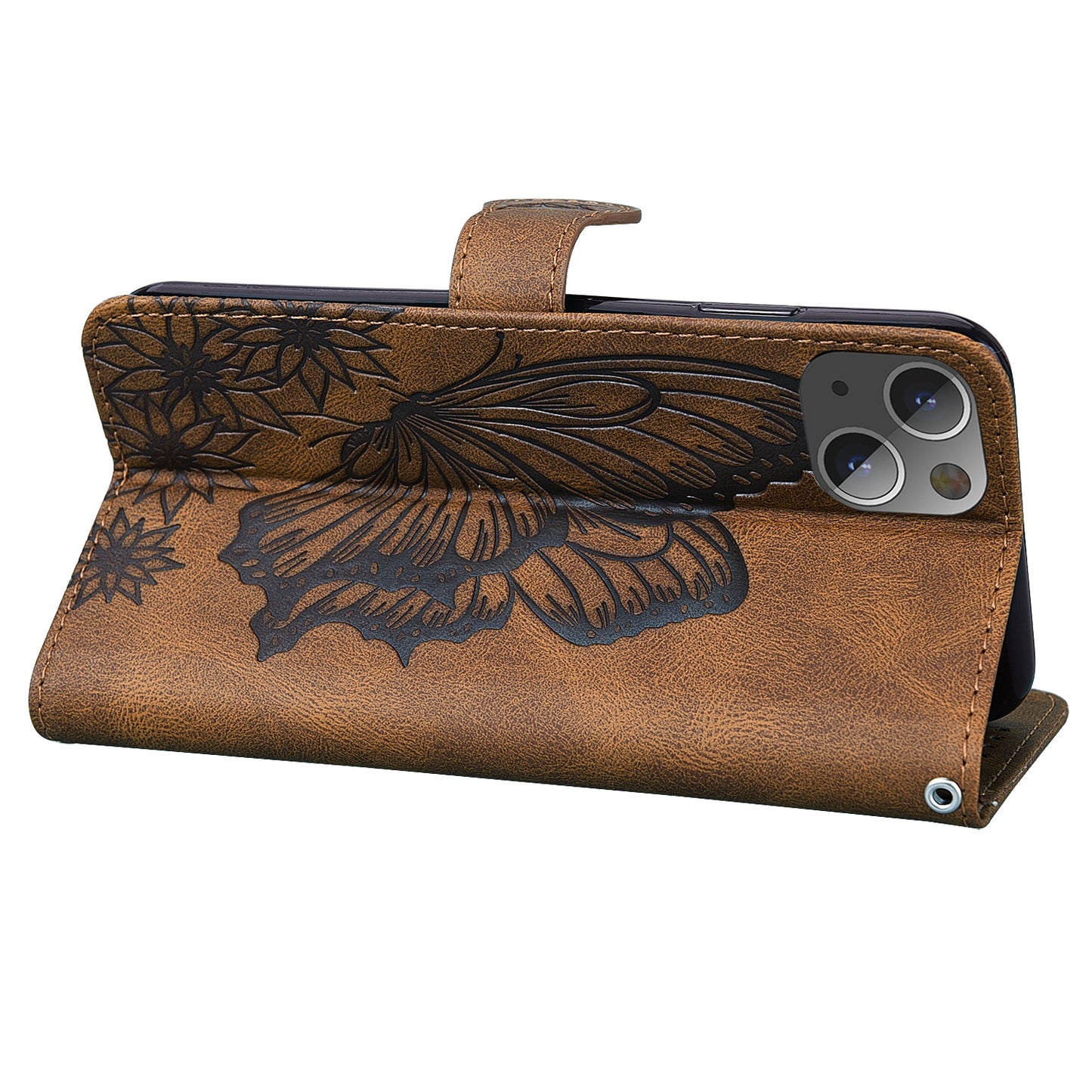 ELECTROPRIME For iPhone 15 Retro Skin Feel Butterflies Embossing Leather Phone Case(Brown)