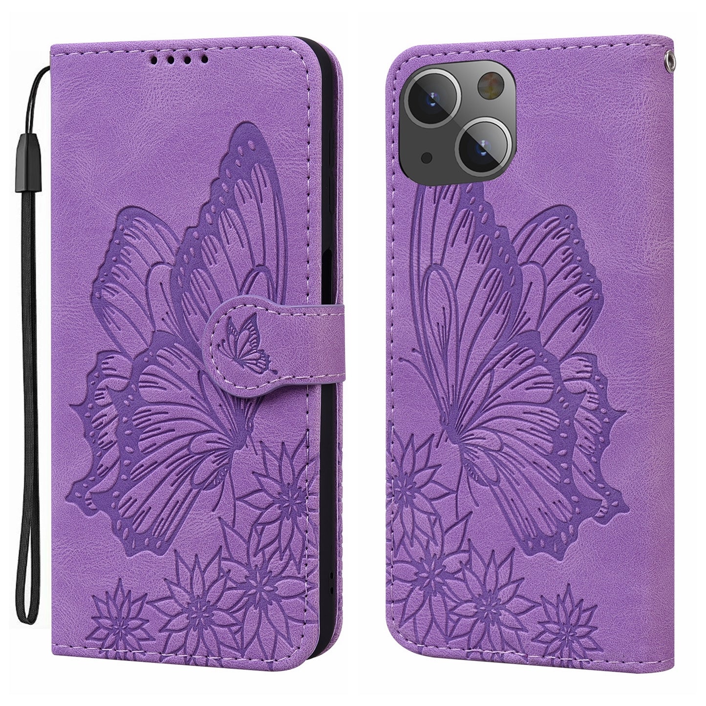 ELECTROPRIME For iPhone 15 Retro Skin Feel Butterflies Embossing Leather Phone Case(Purple)
