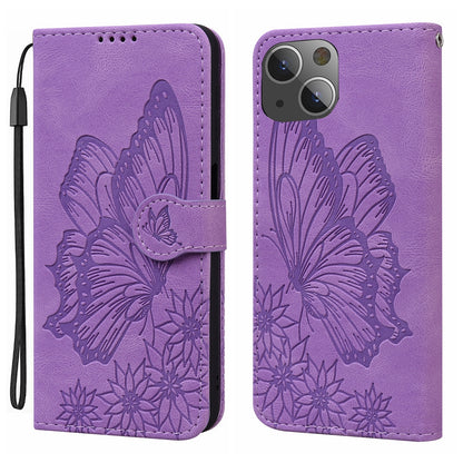 ELECTROPRIME For iPhone 15 Retro Skin Feel Butterflies Embossing Leather Phone Case(Purple)