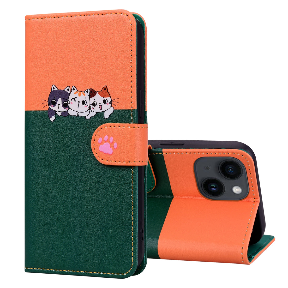ELECTROPRIME For iPhone 15 Plus Cute Pet Series Color Block Buckle Leather Phone Case(Dark Green)