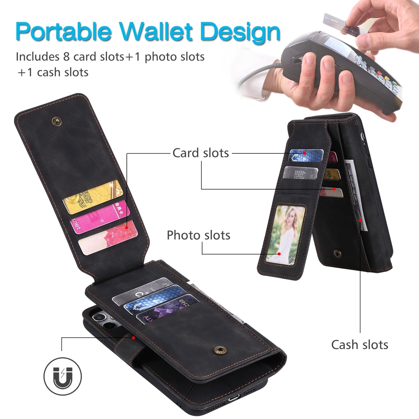 ELECTROPRIME For iPhone 15 Skin Feel Multi-card Wallet Leather Phone Case(Black)