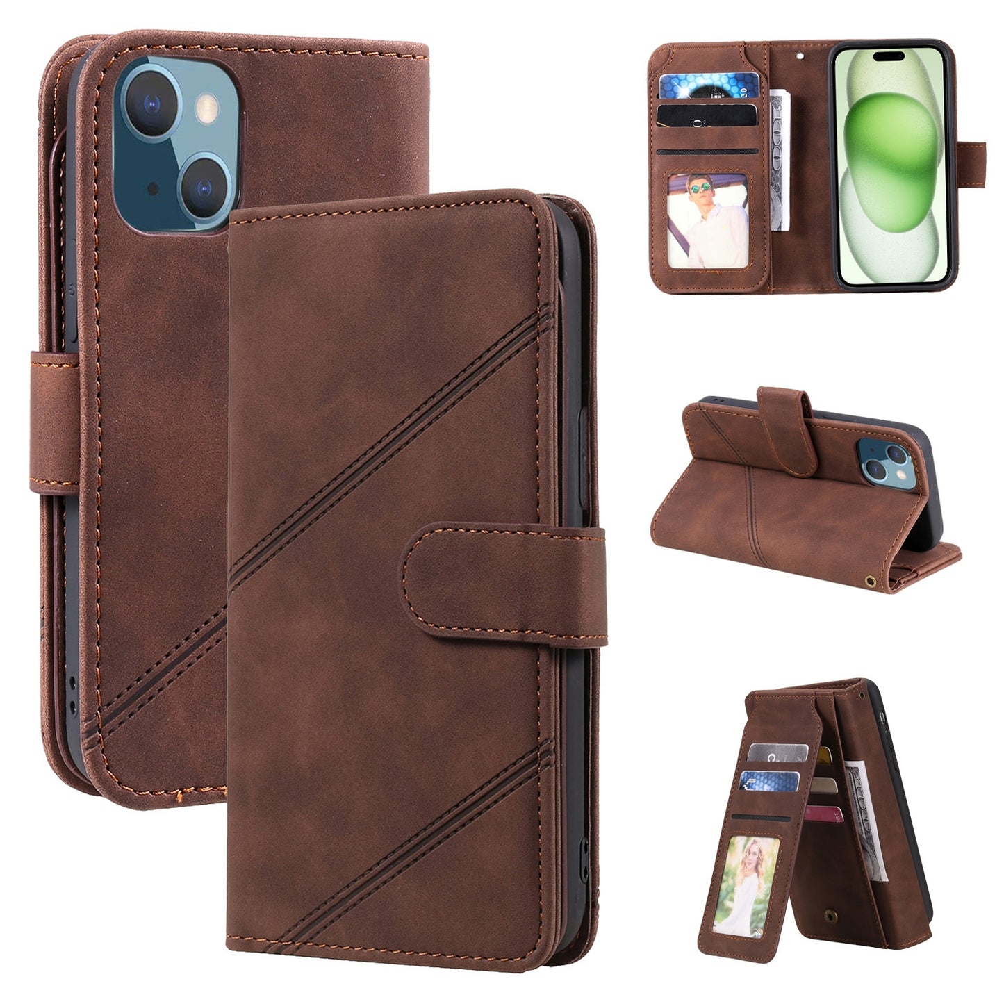 ELECTROPRIME For iPhone 15 Skin Feel Multi-card Wallet Leather Phone Case(Brown)