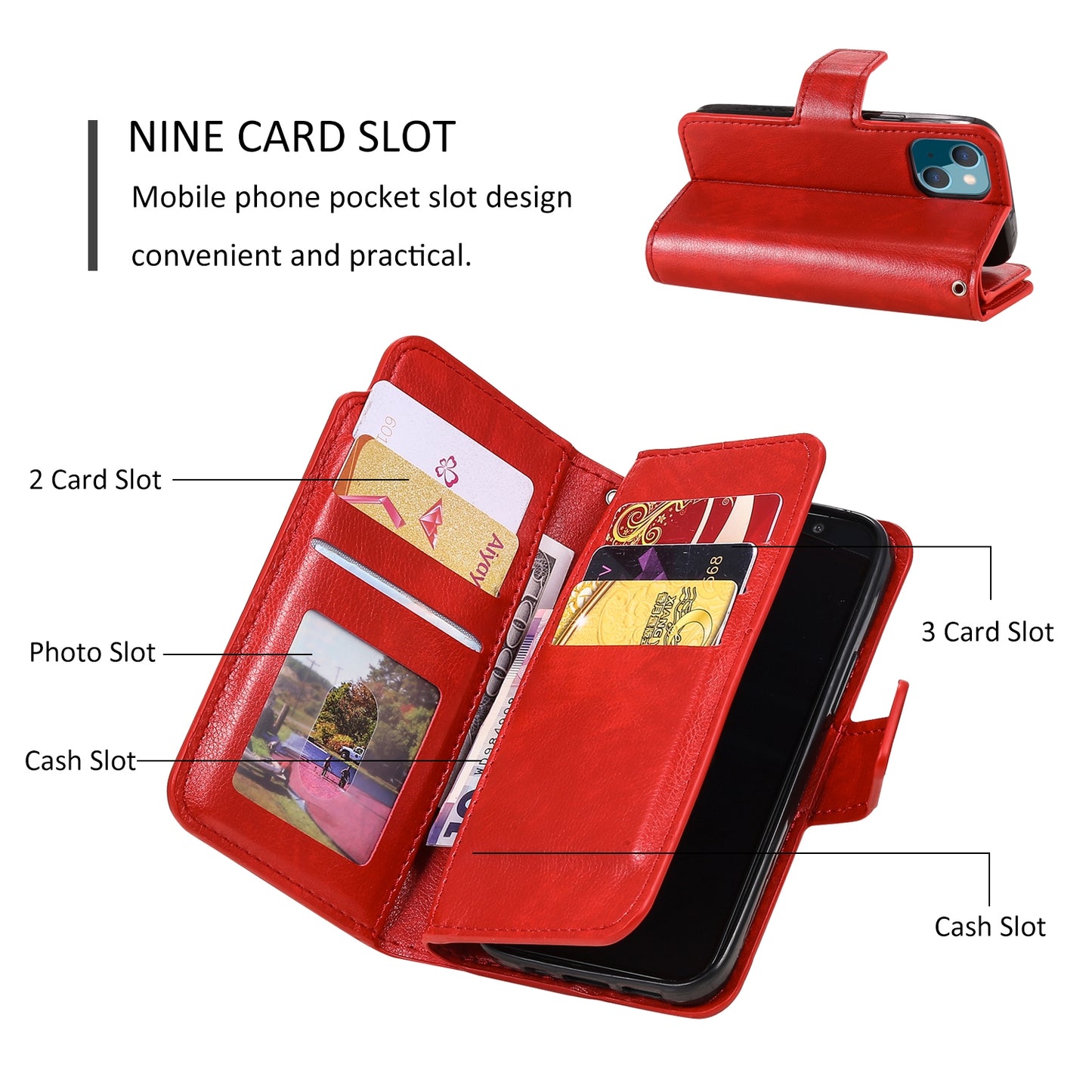 ELECTROPRIME For iPhone 15 Tri-Fold 9-Card Wallets Leather Phone Case(Red)