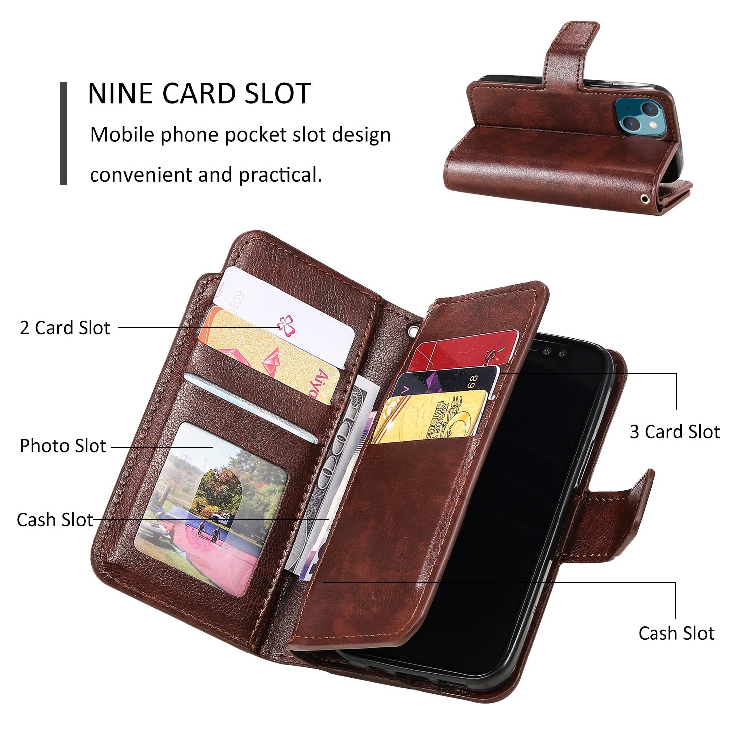 ELECTROPRIME For iPhone 15 Tri-Fold 9-Card Wallets Leather Phone Case(Brown)